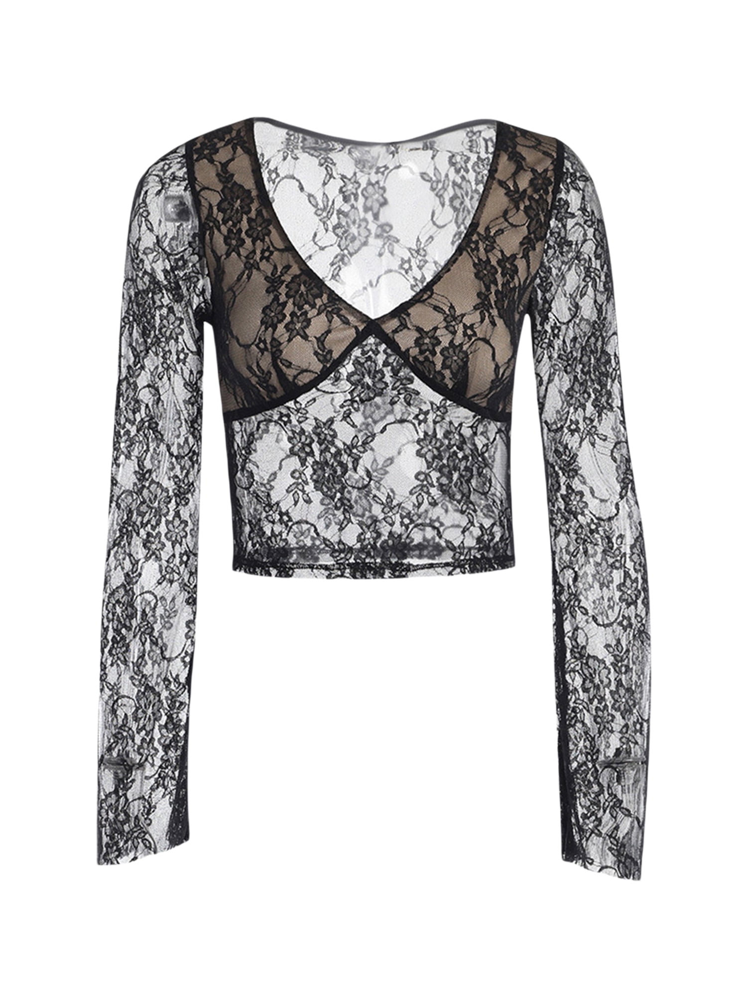 Women Y2k Lace Patchwork Crop Tops Fairy Grunge V Neck See