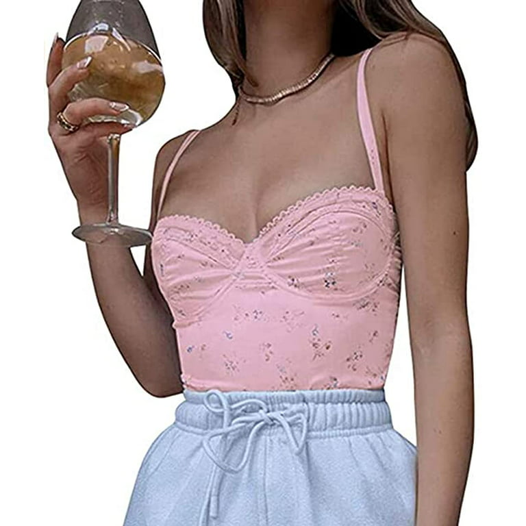 Women Y2k Lace Spaghetti Strap Tank Top Sexy V Neck Crop Top Aesthetic  Sleeveless Streetwear Vest