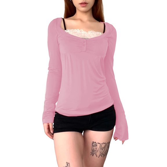 Women Y2k Lace Trim T-Shirts Long Sleeves Slim Fit Ruched V-Neck Basic Tops 90s Fairy Grunge Aesthetic Clothes