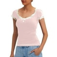 thumbnail image 1 of Women Y2k Lace Trim Tops Solid Color Square Neck Button Down Slim Fit Blouses Short Sleeve Fashion T-Shirts, 1 of 6