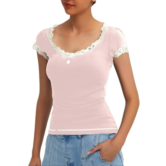 Women Y2k Lace Trim Tops Solid Color Square Neck Button Down Slim Fit Blouses Short Sleeve Fashion T-Shirts