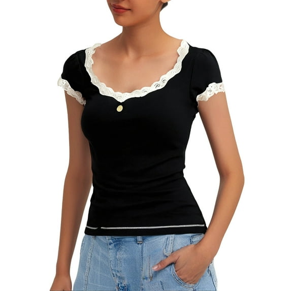 Women Y2k Lace Trim Tops Solid Color Square Neck Button Down Slim Fit Blouses Short Sleeve Fashion T-Shirts