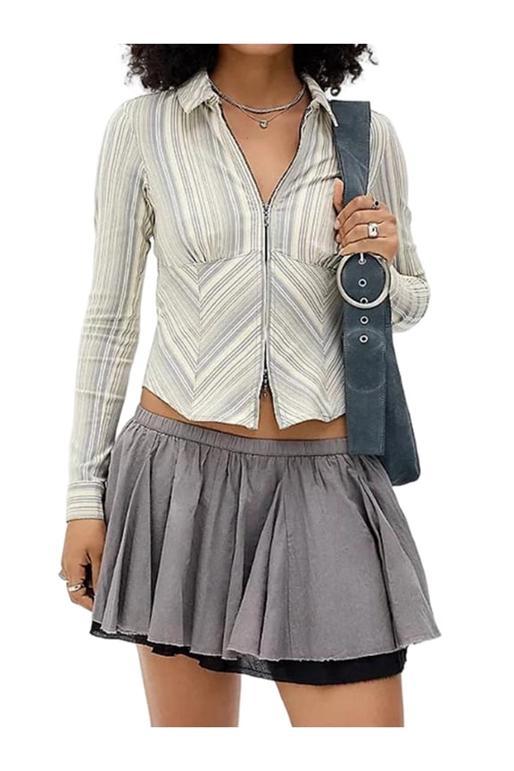 Women Y2k Lapel V Neck Zip Up Striped Crop Blouse Preppy Long Sleeve Open Front Color Block Top Light Gray M