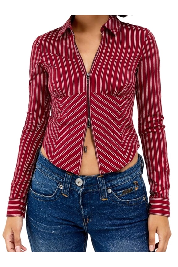 Women Y2k Lapel V Neck Zip Up Striped Crop Blouse Preppy Slim Fit Long Sleeve Open Front Color Block Shirt Top Red M