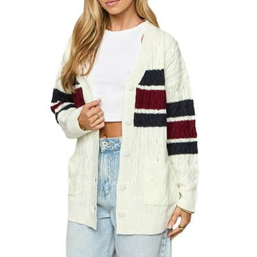 Long Sleeve V Neck Open Front Striped Knit Cardigan Sweaters