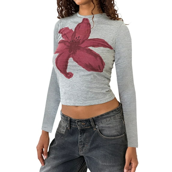 Women Y2k Long Sleeve Baby Tee Graphic Print Crop T Shirt E Girls Crewneck Going Out Tops Aesthetic Clothes