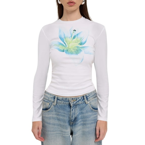 Women Y2k Long Sleeve Baby Tee Graphic Print Crop T Shirt E Girls Crewneck Going Out Tops Aesthetic Clothes