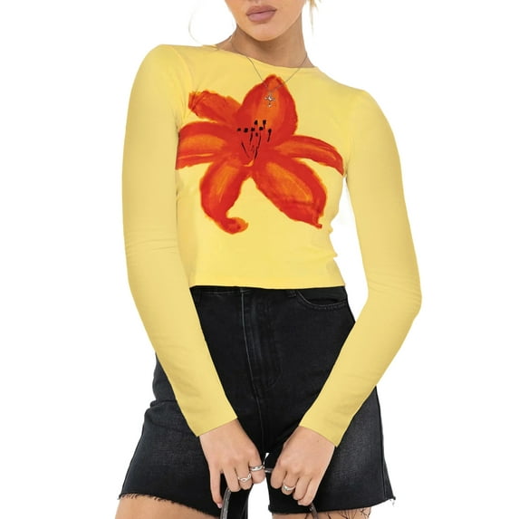 Women Y2k Long Sleeve Baby Tee Graphic Print Crop T Shirt E Girls Crewneck Going Out Tops Aesthetic Clothes