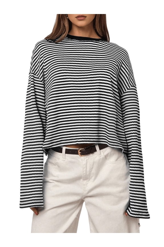 Women Y2k Long Sleeve Fairy Grunge Striped Baggy Tees Shirts 2000s Aesthetic Sweater Crop Tops