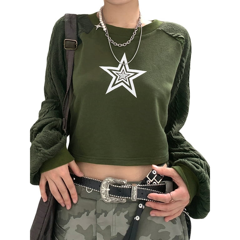 Women Y2k Long Sleeve T-shirt Fairy Grunge Star Print Jumper Baggy  Aesthetic Sweatshirt Blouse E-Girl 90s Pullover Tops