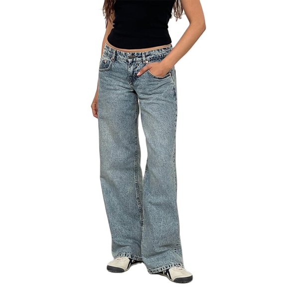 Women Y2k Low Rise Baggy Jeans Loose Fit Boyfriend Straight Wide Leg Jeans Trendy Stretch Long Denim Pants