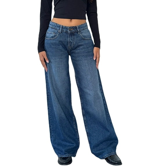 Women Y2k Low Rise Baggy Jeans Loose Fit Boyfriend Straight Wide Leg Trendy Stretch Long Denim Pants Academy Blue M