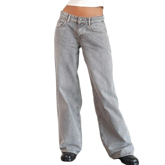 Women Y2k Low Rise Baggy Jeans Loose Fit Boyfriend Straight Wide Leg Trendy Stretch Long Denim Pants Grayish Blue M