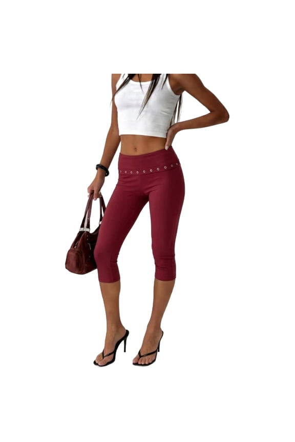 Women Y2k Low Rise Capris Button Grommet Foldover Capri Leggings Split Skinny Cropped Pants Going Out Capris Yoga Pants,S