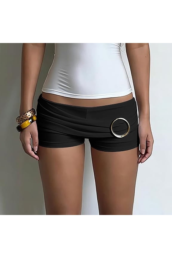 Women Y2k Micro Shorts, Low Rise Ruched Booty Shorts with O Ring Detail, Skinny Going Out Mini Bottoms for Rave and Nightclub, Black M