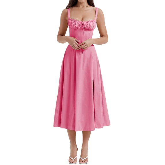 Women Y2k Midi Corset Dress Sleeveless Low Cut Square Neck Flowy Long Dresses Summer Party A-line Going Out Sundress