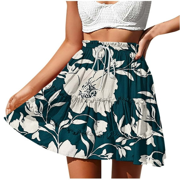 Women Y2k Mini Skirt Summer Pleated Floral Puffy Short Skirt Ruffle Hem A Line Flared Skirts