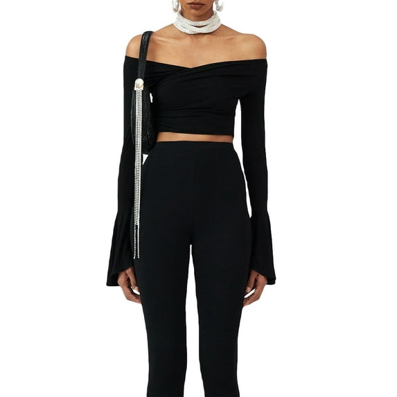 Women Y2k Off Shoulder Crop Top Flare Long Sleeve Solid Slim Fit T-Shirts Fall Tops Clubwear