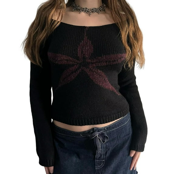 Women Y2k Off Shoulder Sweater Vintage Floral Graphic Long Sleeve Knit Pullover Slim Streetwear Black Red Flowers S