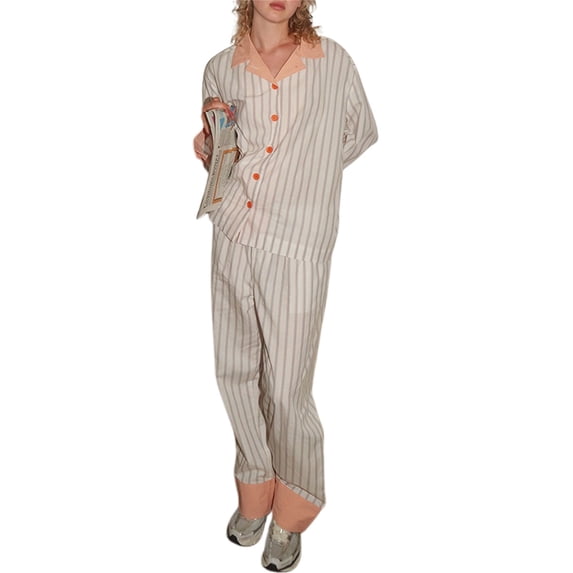 Women Y2k Pajama Set Striped Contrast Color Long Sleeve Sleepwear Lounge Sets Homewear Nightwear