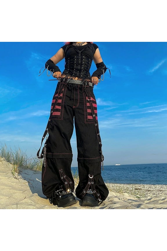 Women Y2k Pants Goth Punk Baggy Bell Bottom Jeans Hop Clothes Harajuku Streetwear Wide Leg Pants (Black L)