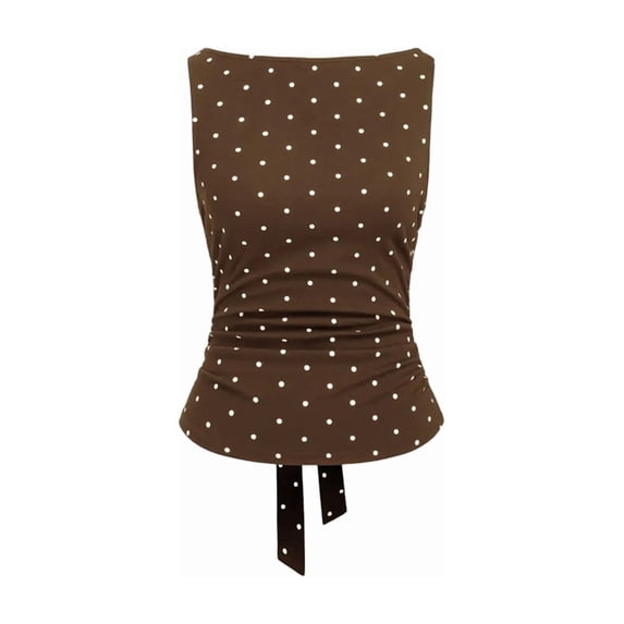 Women Y2k Polka Dots Boat Neck Tank Top Cute Sleeveless Slim Fitted Side Ruched Tie Back Vest Top Brown M