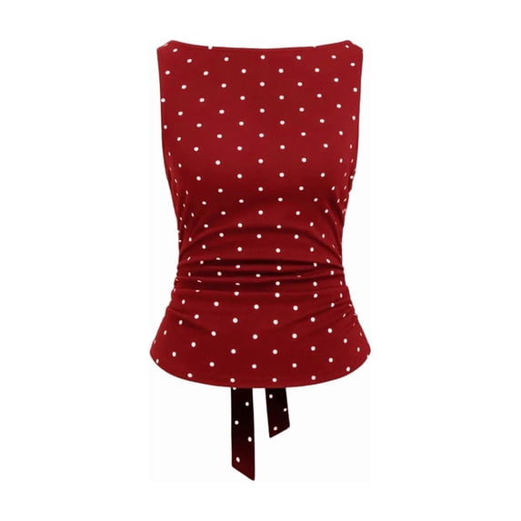 Women Y2k Polka Dots Boat Neck Tank Top Cute Sleeveless Slim Fitted Side Ruched Tie Back Vest Top Red XL