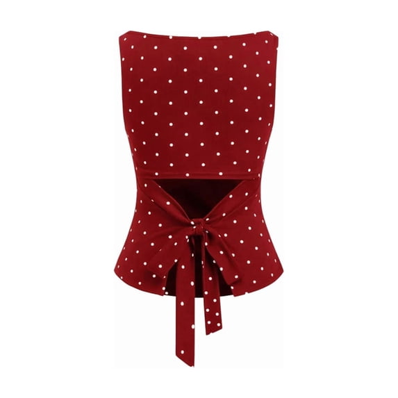 Women Y2k Polka Dots Boat Neck Tank Top Cute Sleeveless Slim Fitted Side Ruched Tie Back Vest Top Red XS