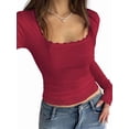 thumbnail image 1 of Women Y2k Retro Long Sleeve Shirt Top Slim Fit Lace Trim T-Shirt Harajuku Fairy Aesthetic Tee Tops Streetwear Wine Red S, 1 of 9
