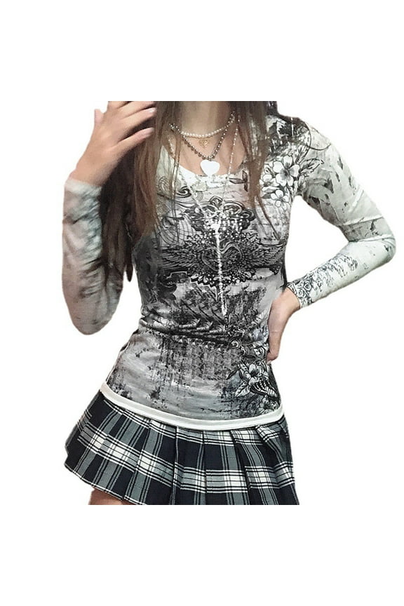 Women Y2k Rhinestone Long Sleeve top Tee Gothic Graphic Print Shirt V Neck Slim Fit Blouse Tops 90s Grunge Streetwear