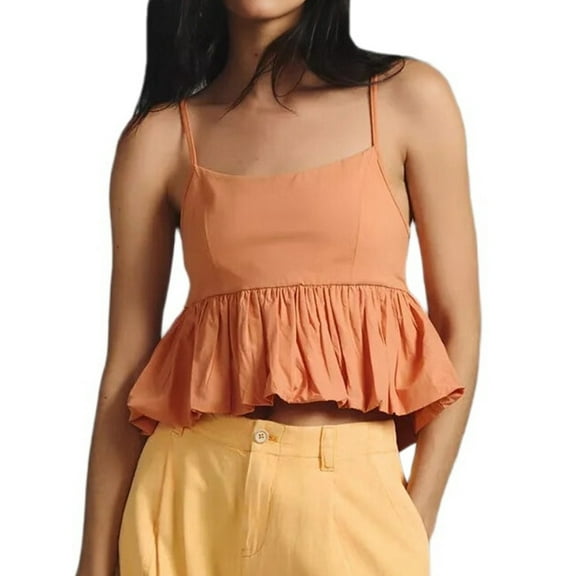 Women Y2k Ruffle Hem Spaghetti Strap Going Out Crop Tops Sleeveless Babydoll - Shirts Orange Color M