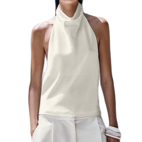 Women Y2k Satin Halter Tank Tops Cute High Mock Neck Backless Silk Cami Open Back Camisole Going Out Tops