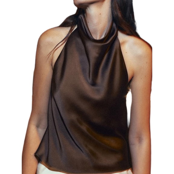 Women Y2k Satin Halter Tank Tops Cute High Mock Neck Backless Silk Cami Open Back Camisole Going Out Tops