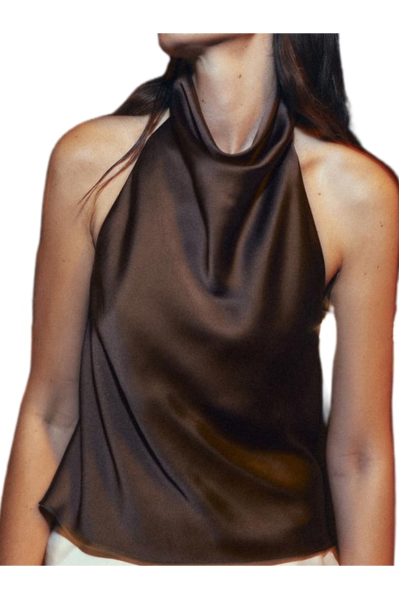 Women Y2k Satin Halter Tank Tops Cute High Mock Neck Backless Silk Cami Open Back Camisole Going Out Tops