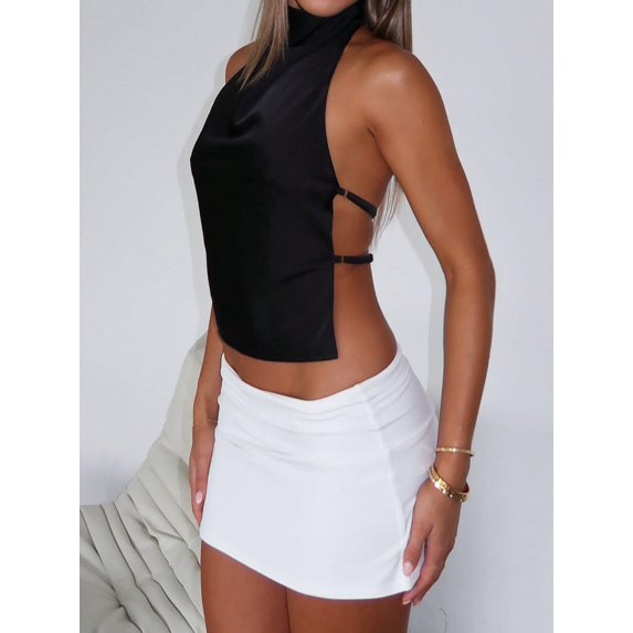 Women Y2k Satin Halter Tops Open Back Crop Tank Tops Y2K Sleeveless Shirts Summer Going Out Tops