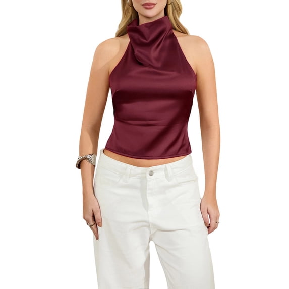 Women Y2k Satin Halter Tops Open Back Crop Tank Tops Y2K Sleeveless Shirts Summer Going Out Tops