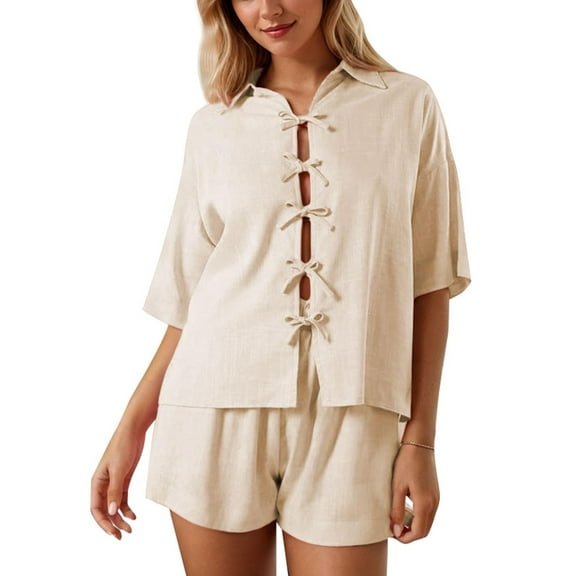 Women Y2k Shirt Shorts Set Two Piece Lounge Set Pajamas Sets Tie Front Top 2pcs Outfits Set
