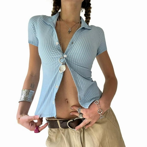 Women Y2k Short Sleeve Button Down Stripe Shirts V Neck Collared Crop Tops Vintage Slim Fit Going Out Blouse Blue L