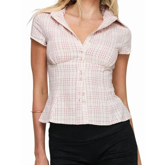 Women Y2k Short Sleeve Button Up Shirt Lapel Collar V Neck Plaid Open Front Blouse Basic Casual Going Out T-Shirt Pink L