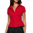 thumbnail image 1 of Women Y2k Short Sleeve Button Up Shirt Lapel Collar V Neck Plaid Open Front Blouse Basic Casual Going Out T-Shirt Red L, 1 of 7