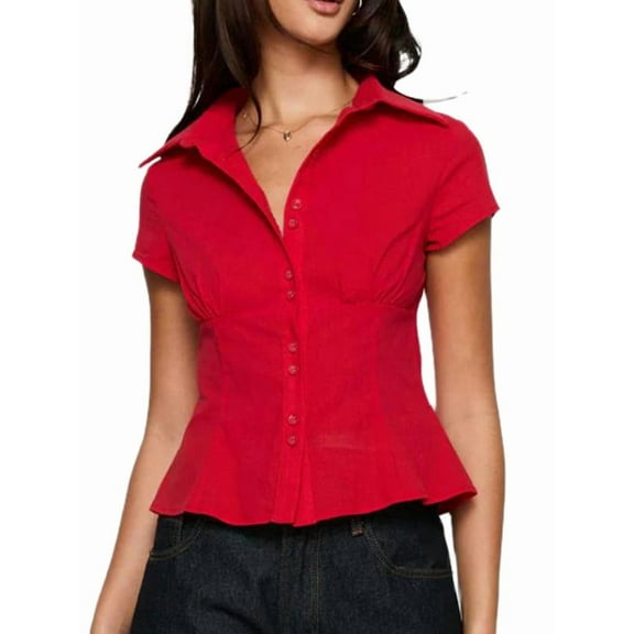 Women Y2k Short Sleeve Button Up Shirt Lapel Collar V Neck Plaid Open Front Blouse Basic Casual Going Out T-Shirt Red M