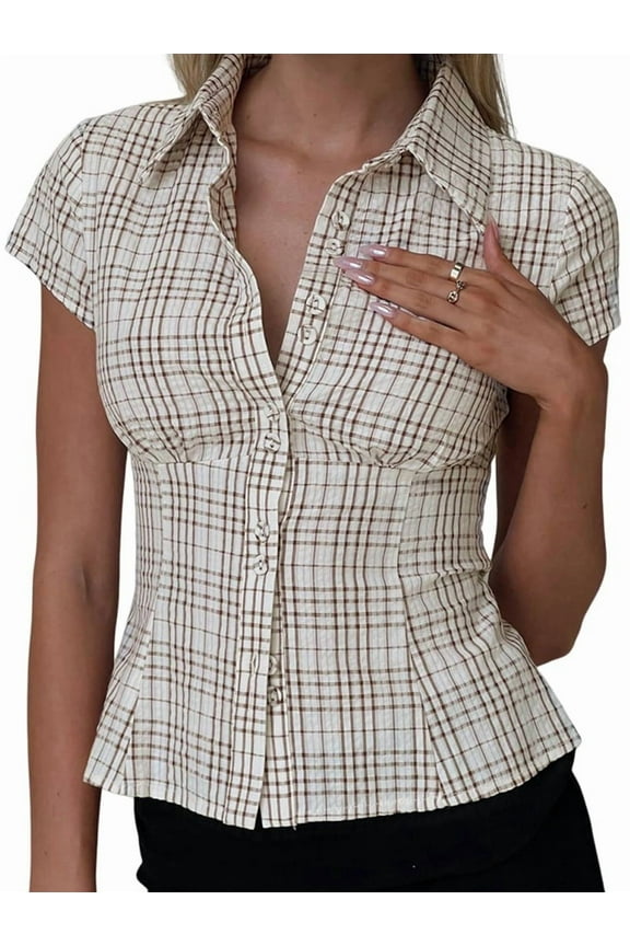 Women Y2k Short Sleeve Button Up Shirt Lapel Collar V Neck Plaid Open Front Blouse Casual T-Shirt Grey S