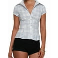 thumbnail image 1 of Women Y2k Short Sleeve Button Up Shirt Lapel Collar V Neck Plaid Open Front Blouse Casual T-Shirt Light Blue L, 1 of 7