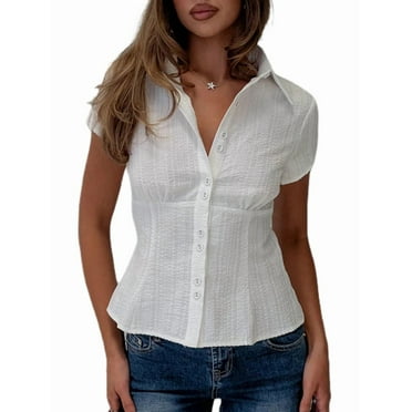 Women Y2k Short Sleeve Button Up Shirt Lapel Collar V Neck Plaid Open Front Blouse Casual T-Shirt White L