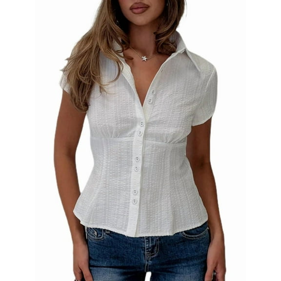 Women Y2k Short Sleeve Button Up Shirt Lapel Collar V Neck Plaid Open Front Blouse Casual T-Shirt White L