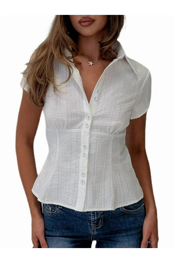 Women Y2k Short Sleeve Button Up Shirt Lapel Collar V Neck Plaid Open Front Blouse Casual T-Shirt White S