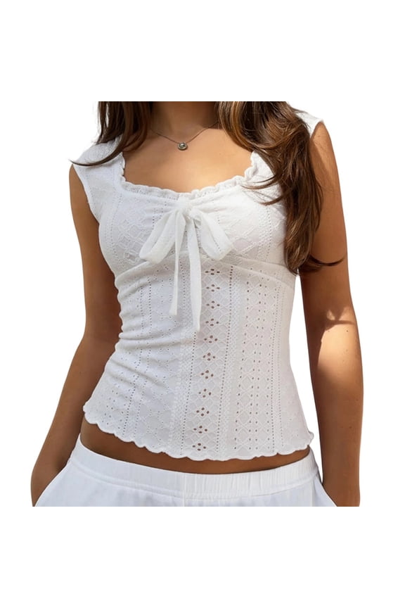Women Y2k Short Sleeve T Shirt Fairy Grunge Lace Trim Square Neck Babydoll Top Aesthetic Crop Top White M
