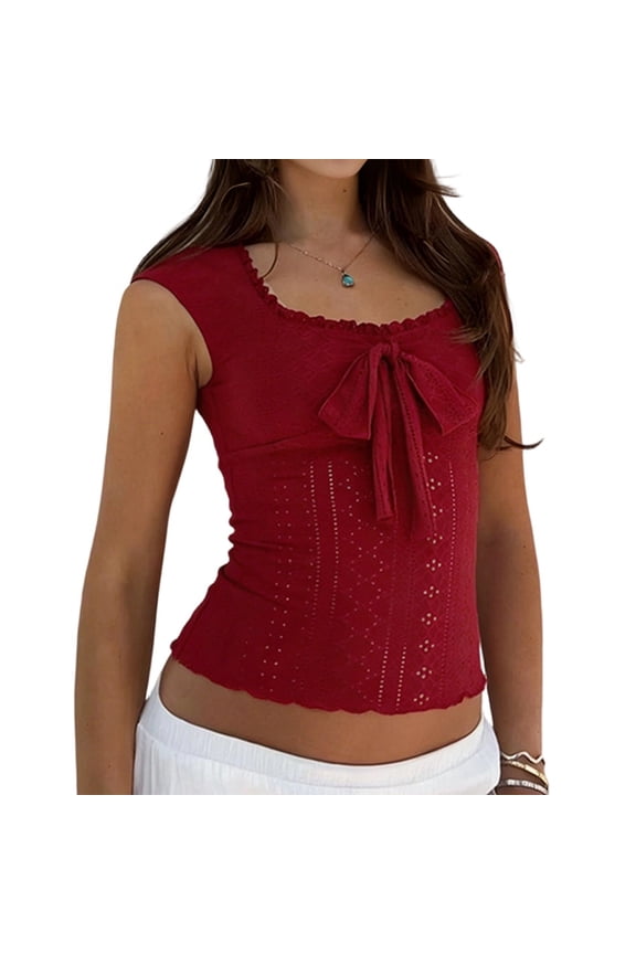 Women Y2k Short Sleeve T Shirt Fairy Grunge Lace Trim Square Neck Babydoll Top Aesthetic Crop Top Wine Red M