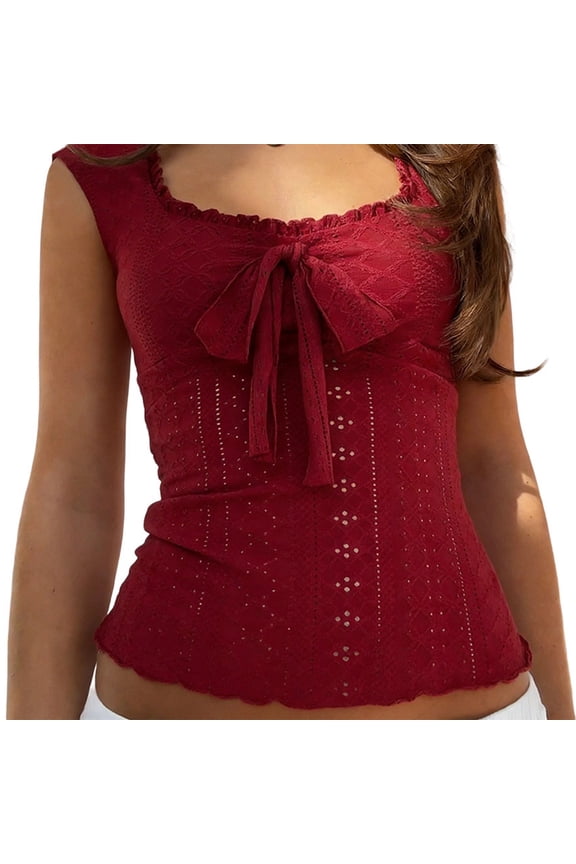 Women Y2k Short Sleeve T Shirt Fairy Grunge Lace Trim Square Neck Babydoll Top Aesthetic Crop Top Wine Red M