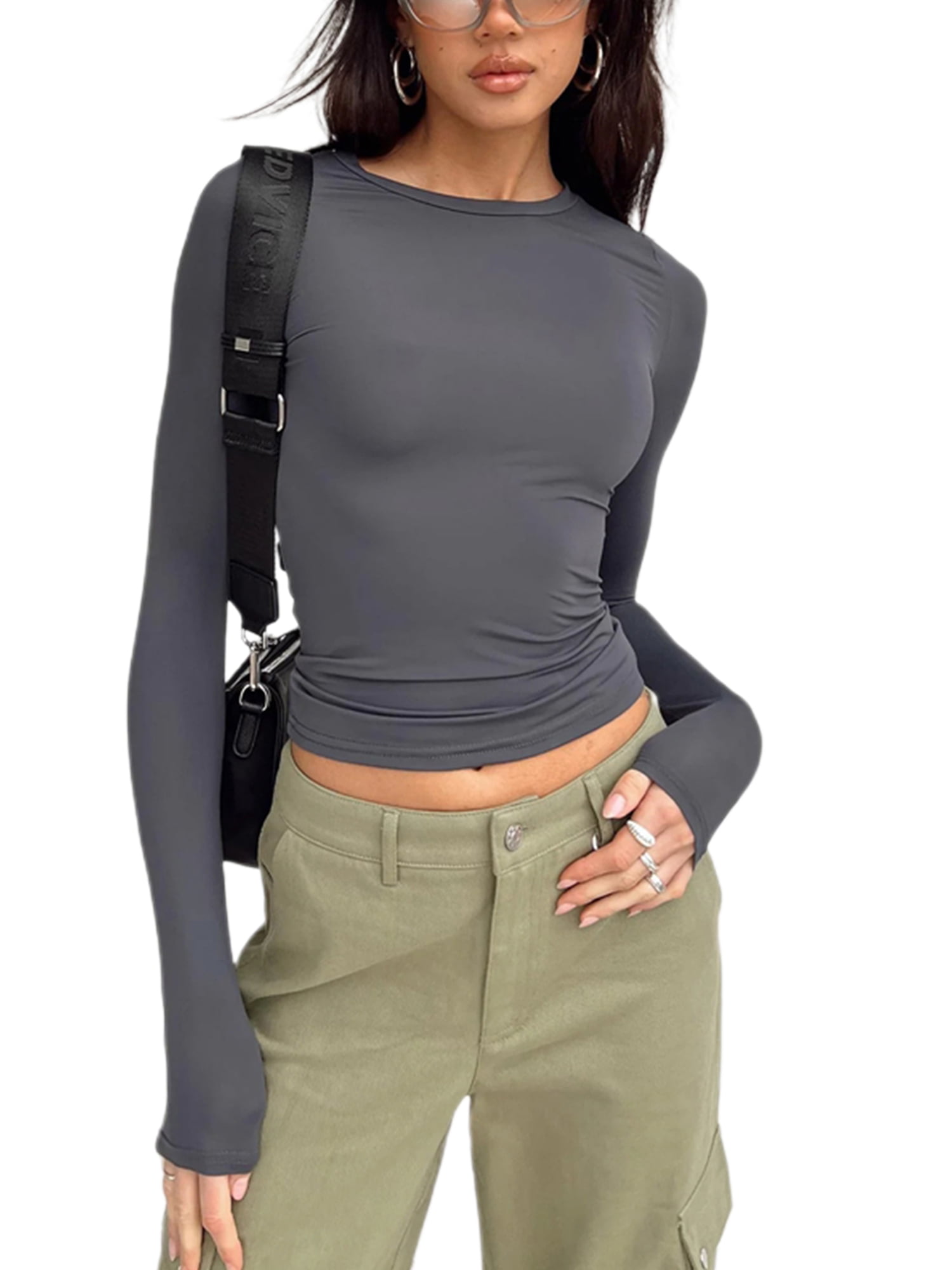 Women Y2k Slim Fit Pullover Crop Tops Long Sleeve Bodycon Cut Out
